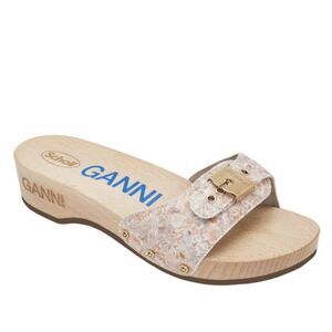 Ganni Scholl Clog Sandal 9 Casual Platform Wood Slide Floral Print Trendy Brown